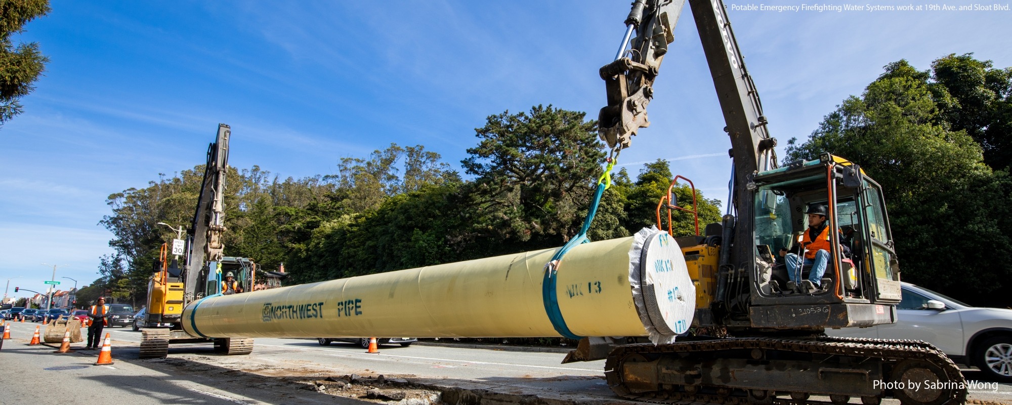 Installing a new welded steel pipe for Potable Emergency Firefighting Water Systems pipeline at 19th Ave. and Sloat Blvd.