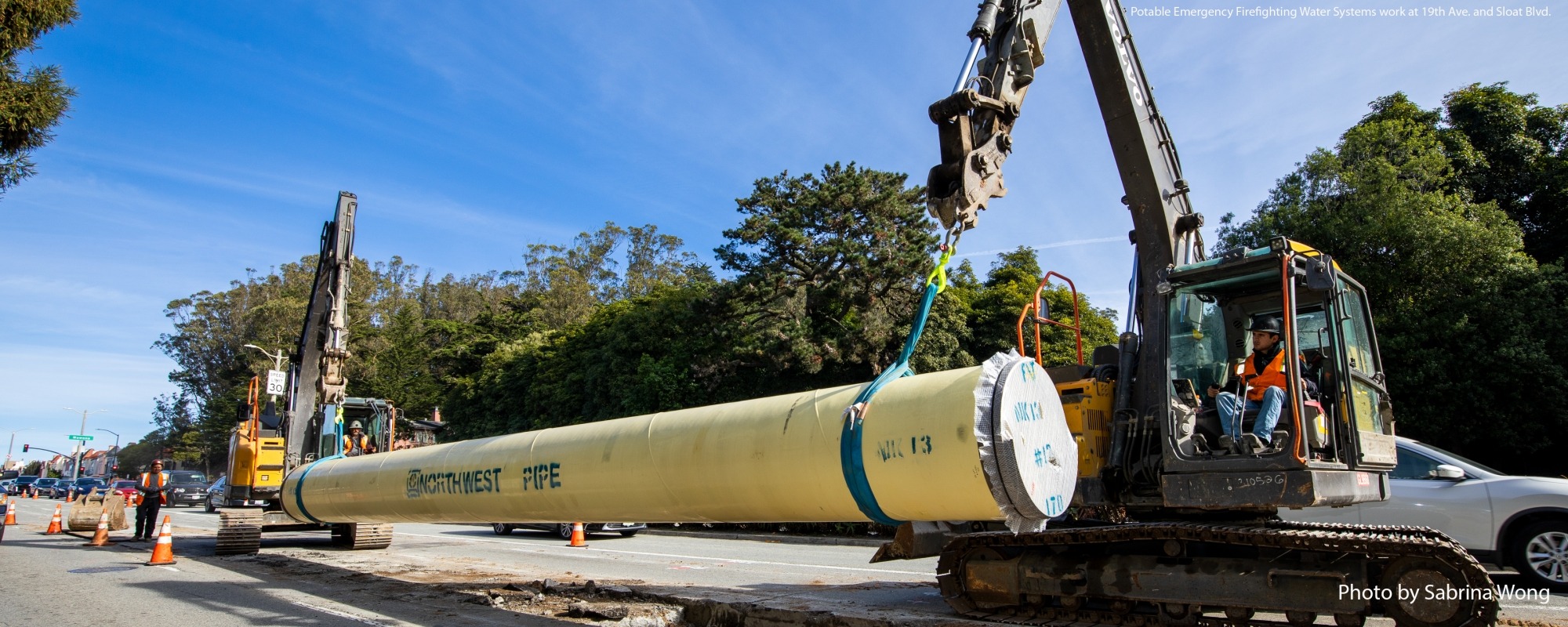 Installing a new welded steel pipe for Potable Emergency Firefighting Water Systems pipeline at 19th Ave. and Sloat Blvd.