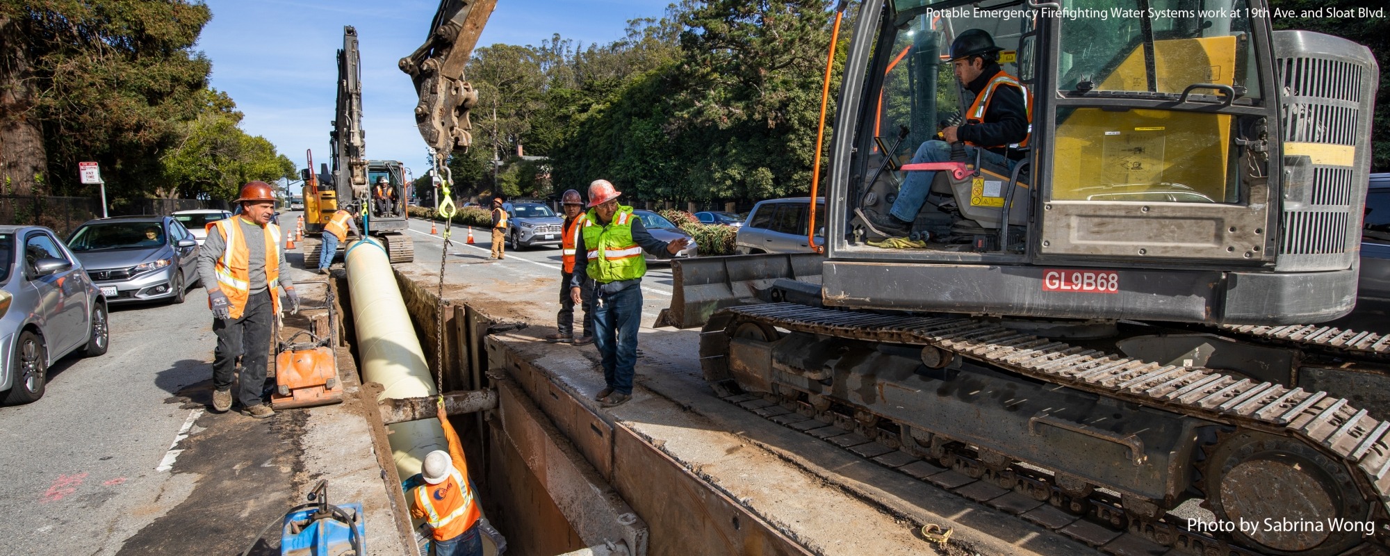 Installing a new welded steel pipe for Potable Emergency Firefighting Water Systems pipeline at 19th Ave. and Sloat Blvd.