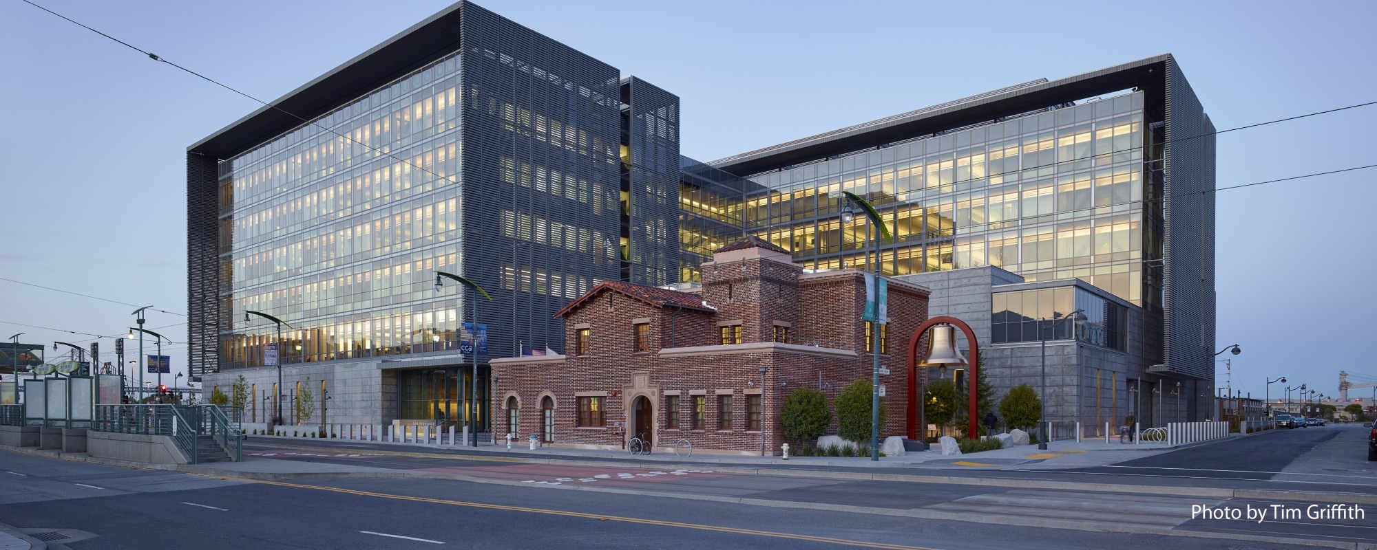 The San Francisco Public Safety Building by night.