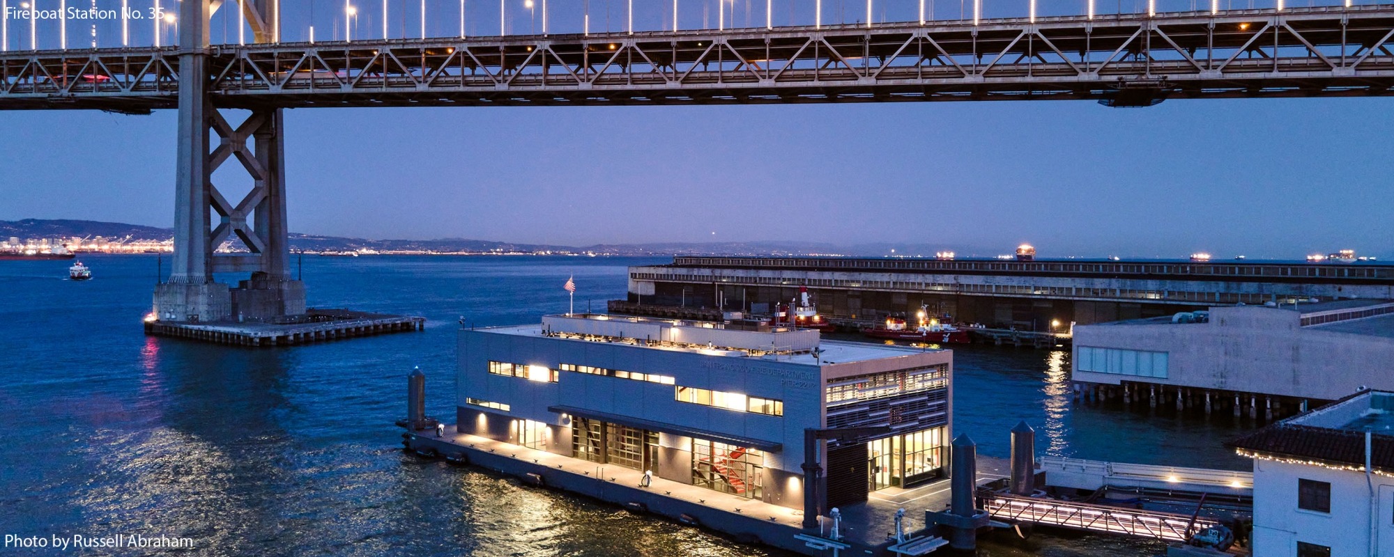 Floating Fire Station 35 by night.